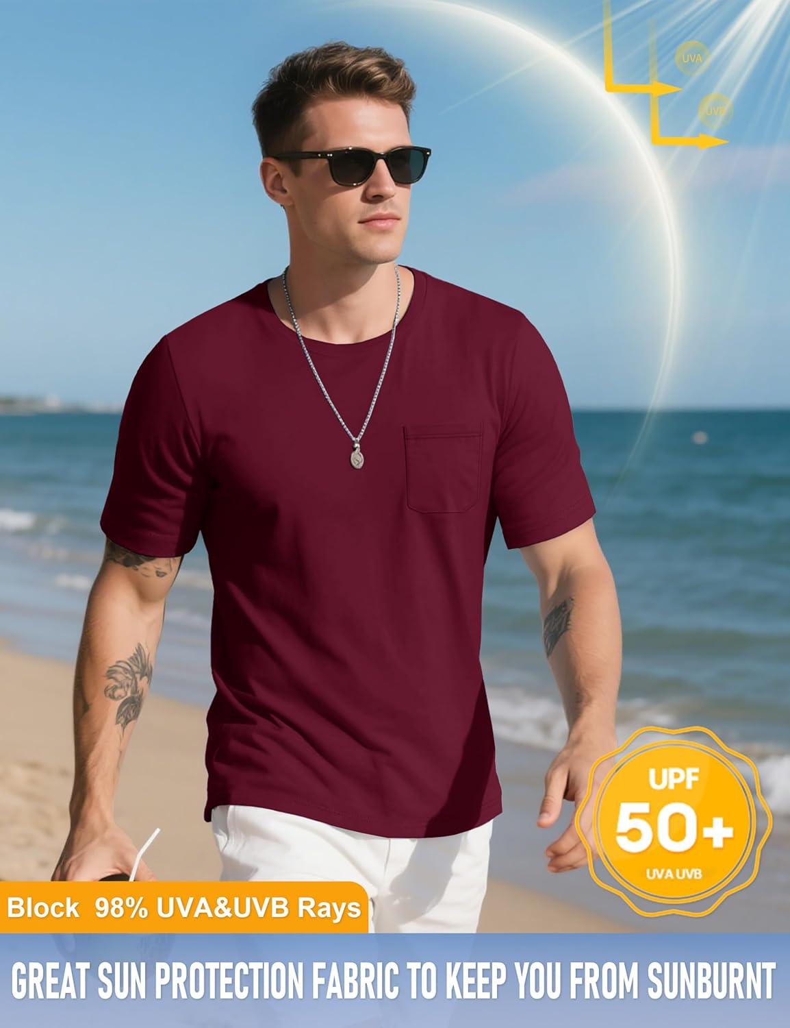 imageMAGCOMSEN Mens Pocket T Shirts Cooling UPF 50 Summer Tee Shirt Short Sleeve Crewneck Tee Cotton Lightweight Casual TShirtBurgundy