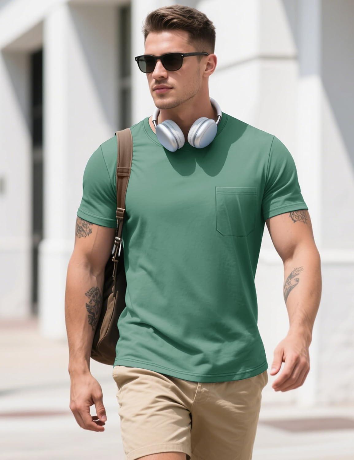 imageMAGCOMSEN Mens Pocket T Shirts Cooling UPF 50 Summer Tee Shirt Short Sleeve Crewneck Tee Cotton Lightweight Casual TShirtGray Green