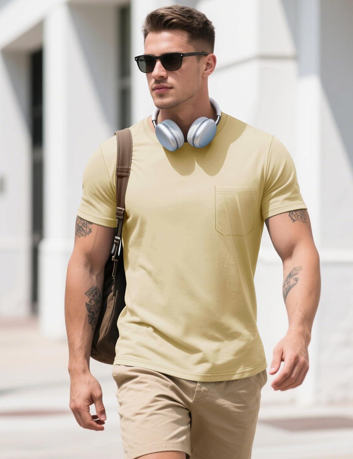 imageMAGCOMSEN Mens Pocket T Shirts Cooling UPF 50 Summer Tee Shirt Short Sleeve Crewneck Tee Cotton Lightweight Casual TShirtLight Apricot