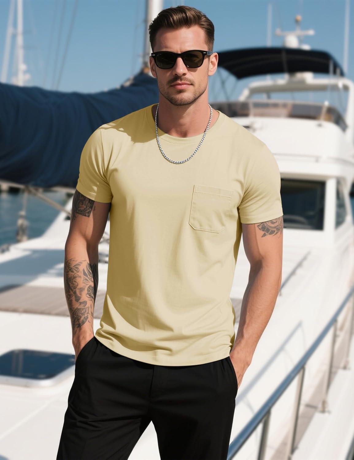 imageMAGCOMSEN Mens Pocket T Shirts Cooling UPF 50 Summer Tee Shirt Short Sleeve Crewneck Tee Cotton Lightweight Casual TShirtLight Apricot