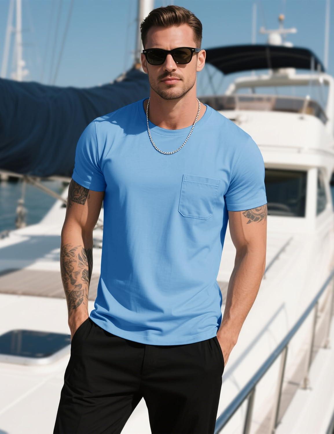 imageMAGCOMSEN Mens Pocket T Shirts Cooling UPF 50 Summer Tee Shirt Short Sleeve Crewneck Tee Cotton Lightweight Casual TShirtSkyblue