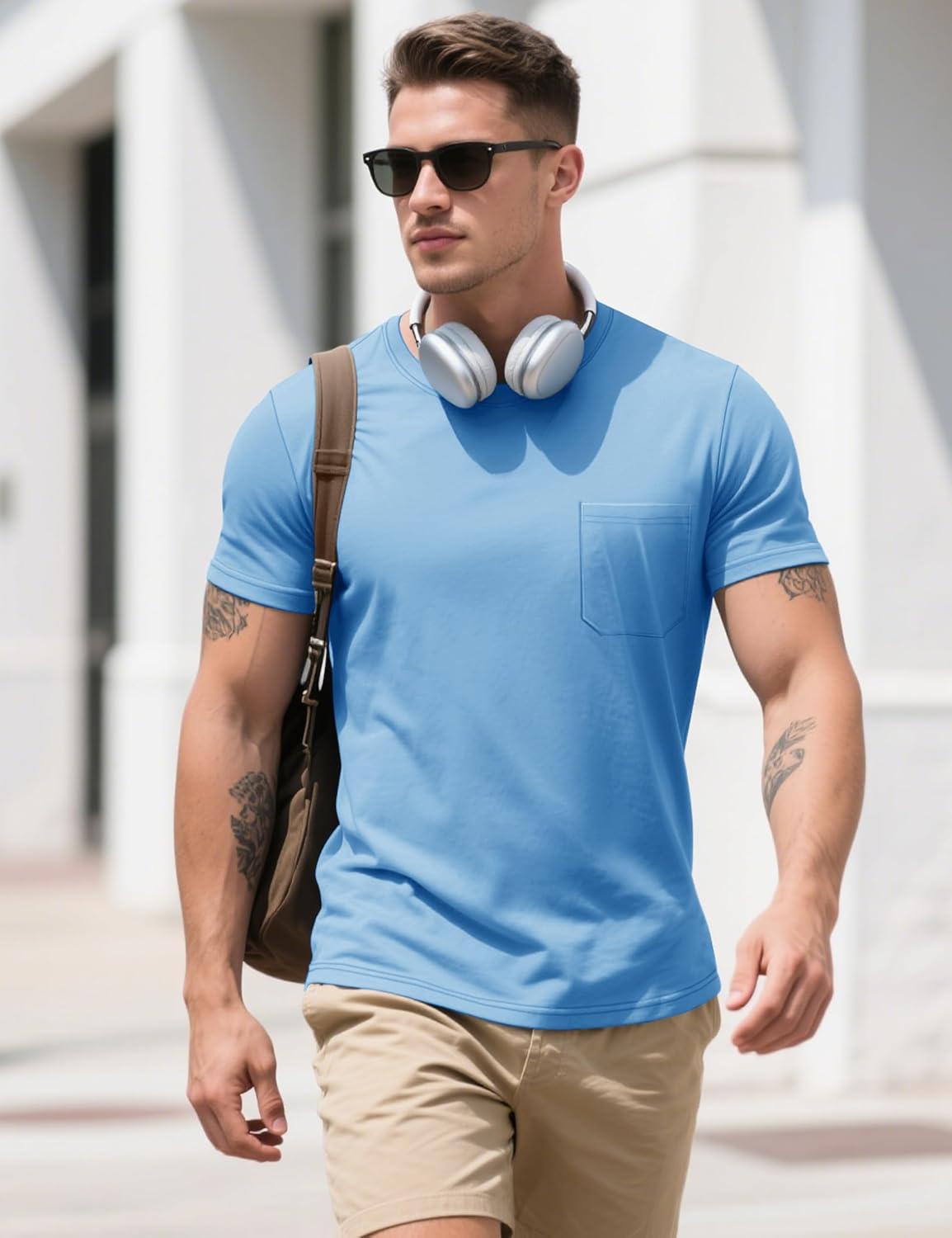 imageMAGCOMSEN Mens Pocket T Shirts Cooling UPF 50 Summer Tee Shirt Short Sleeve Crewneck Tee Cotton Lightweight Casual TShirtSkyblue