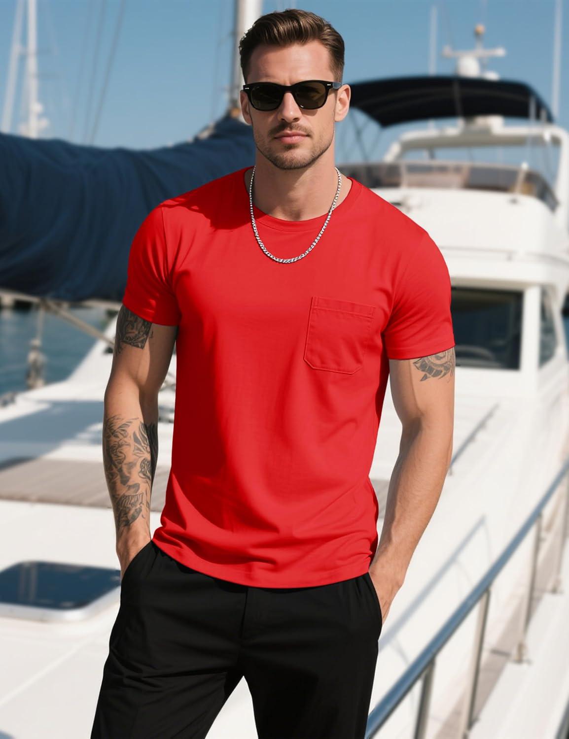 imageMAGCOMSEN Mens Pocket T Shirts Cooling UPF 50 Summer Tee Shirt Short Sleeve Crewneck Tee Cotton Lightweight Casual TShirtTomato Red