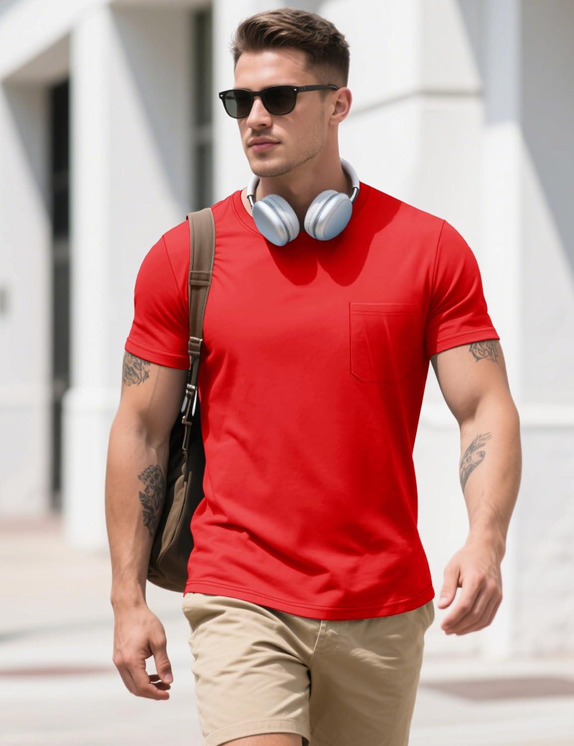 imageMAGCOMSEN Mens Pocket T Shirts Cooling UPF 50 Summer Tee Shirt Short Sleeve Crewneck Tee Cotton Lightweight Casual TShirtTomato Red