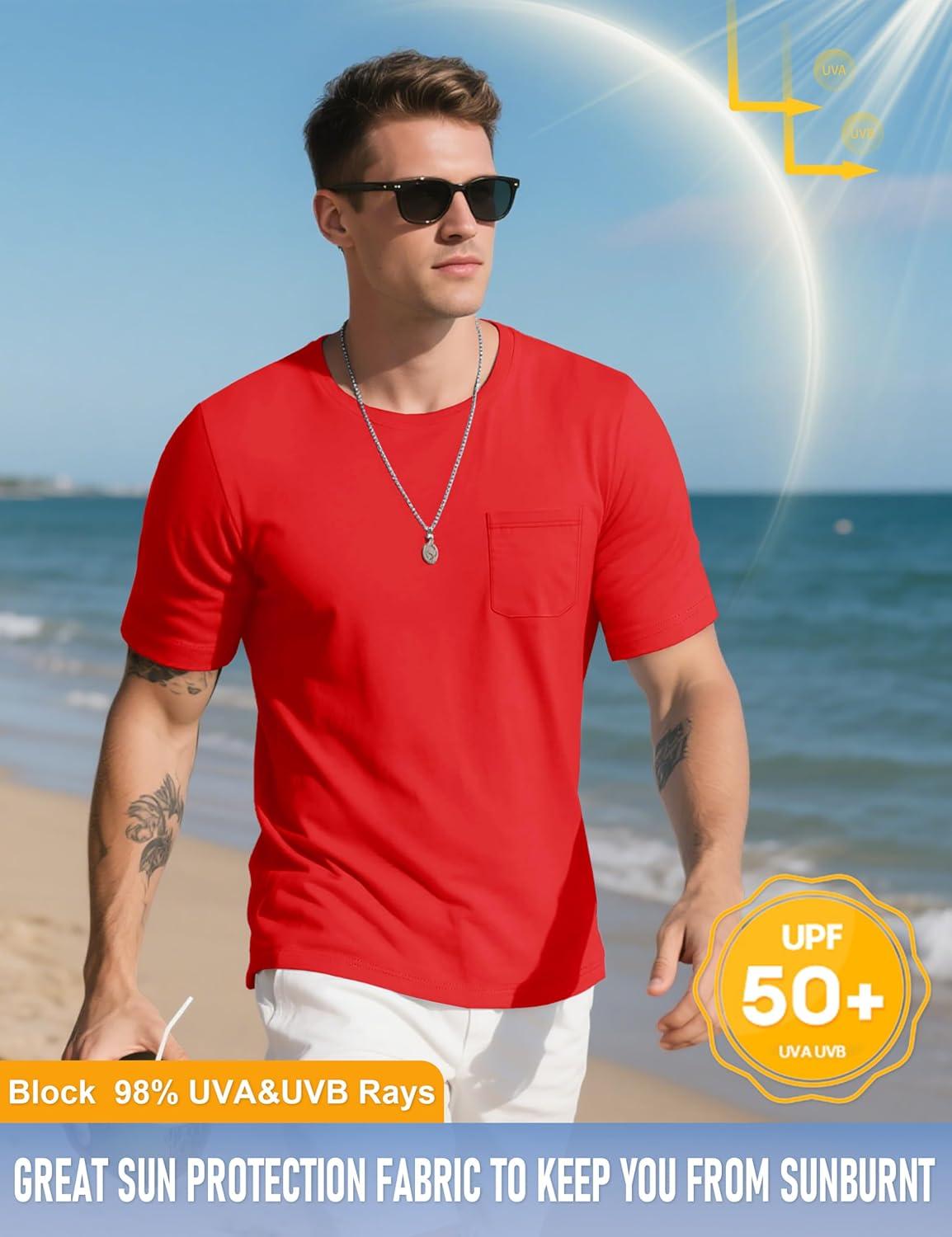imageMAGCOMSEN Mens Pocket T Shirts Cooling UPF 50 Summer Tee Shirt Short Sleeve Crewneck Tee Cotton Lightweight Casual TShirtTomato Red