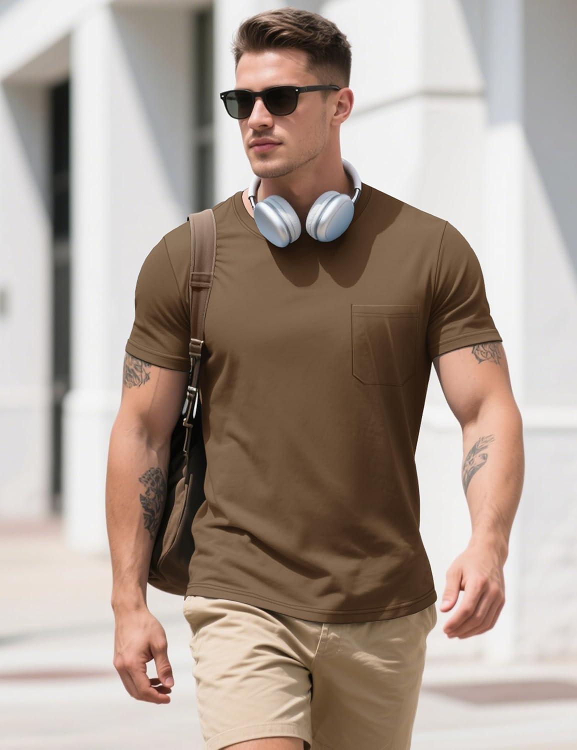 imageMAGCOMSEN Mens Pocket T Shirts Cooling UPF 50 Summer Tee Shirt Short Sleeve Crewneck Tee Cotton Lightweight Casual TShirtWolf Brown