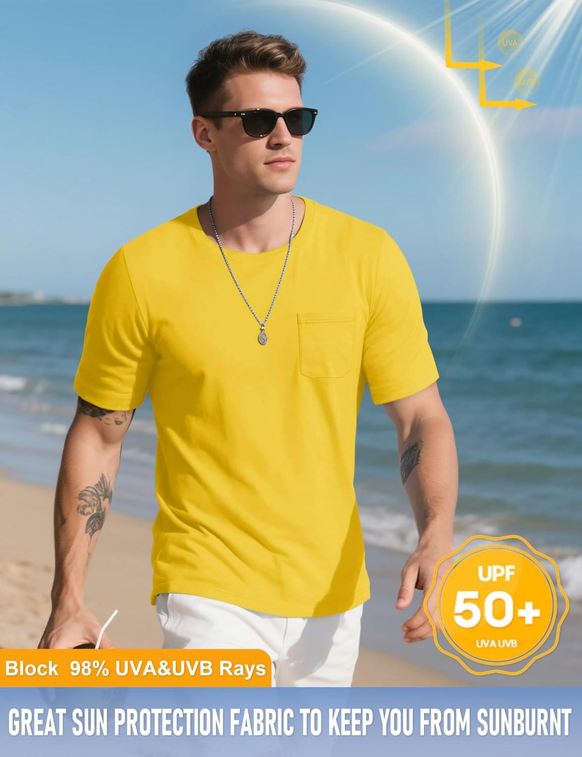 imageMAGCOMSEN Mens Pocket T Shirts Cooling UPF 50 Summer Tee Shirt Short Sleeve Crewneck Tee Cotton Lightweight Casual TShirtYellow