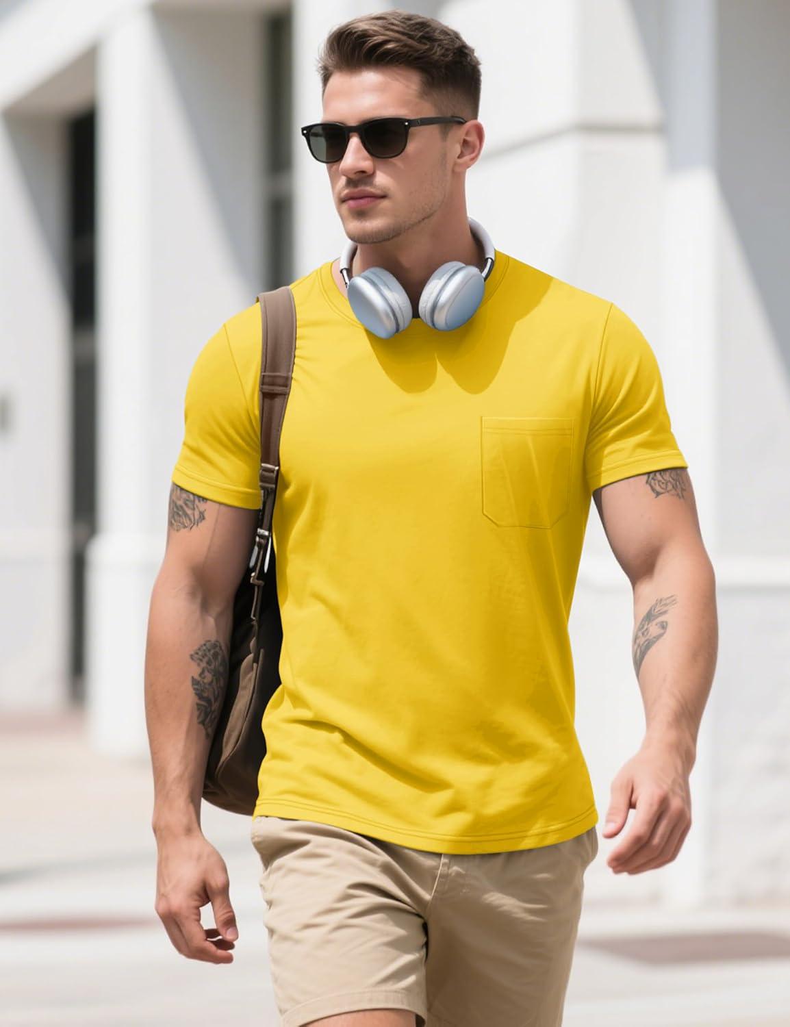 imageMAGCOMSEN Mens Pocket T Shirts Cooling UPF 50 Summer Tee Shirt Short Sleeve Crewneck Tee Cotton Lightweight Casual TShirtYellow
