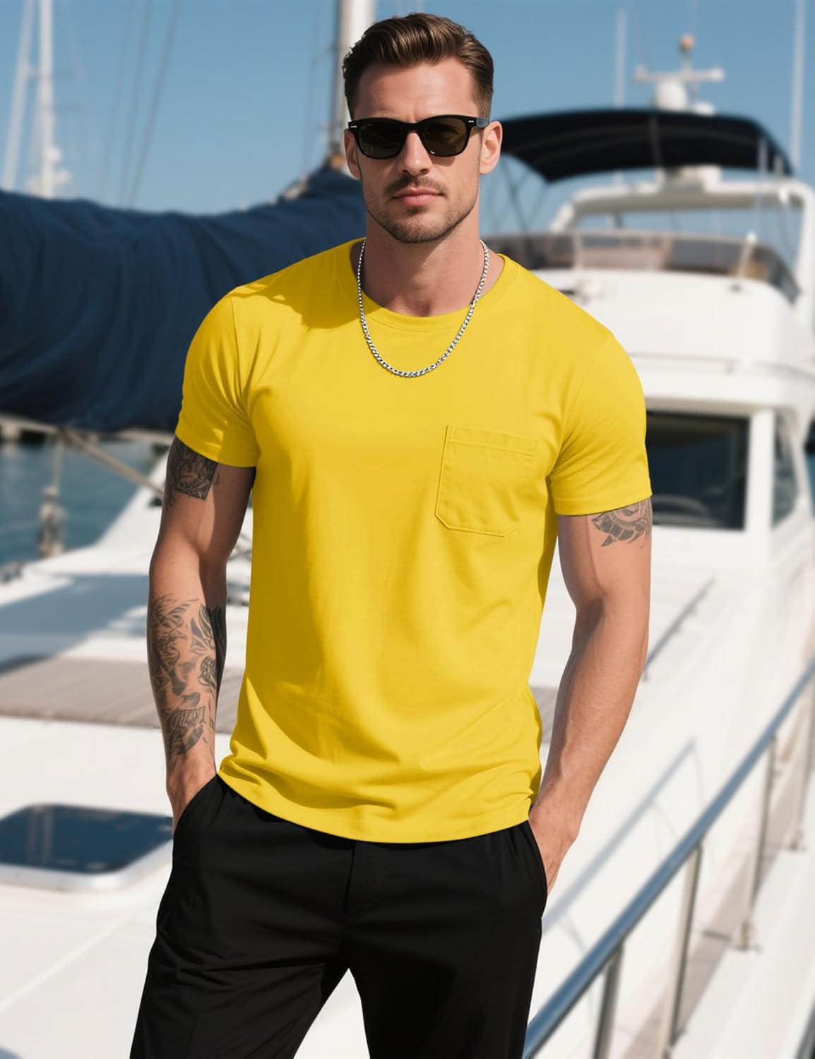 imageMAGCOMSEN Mens Pocket T Shirts Cooling UPF 50 Summer Tee Shirt Short Sleeve Crewneck Tee Cotton Lightweight Casual TShirtYellow