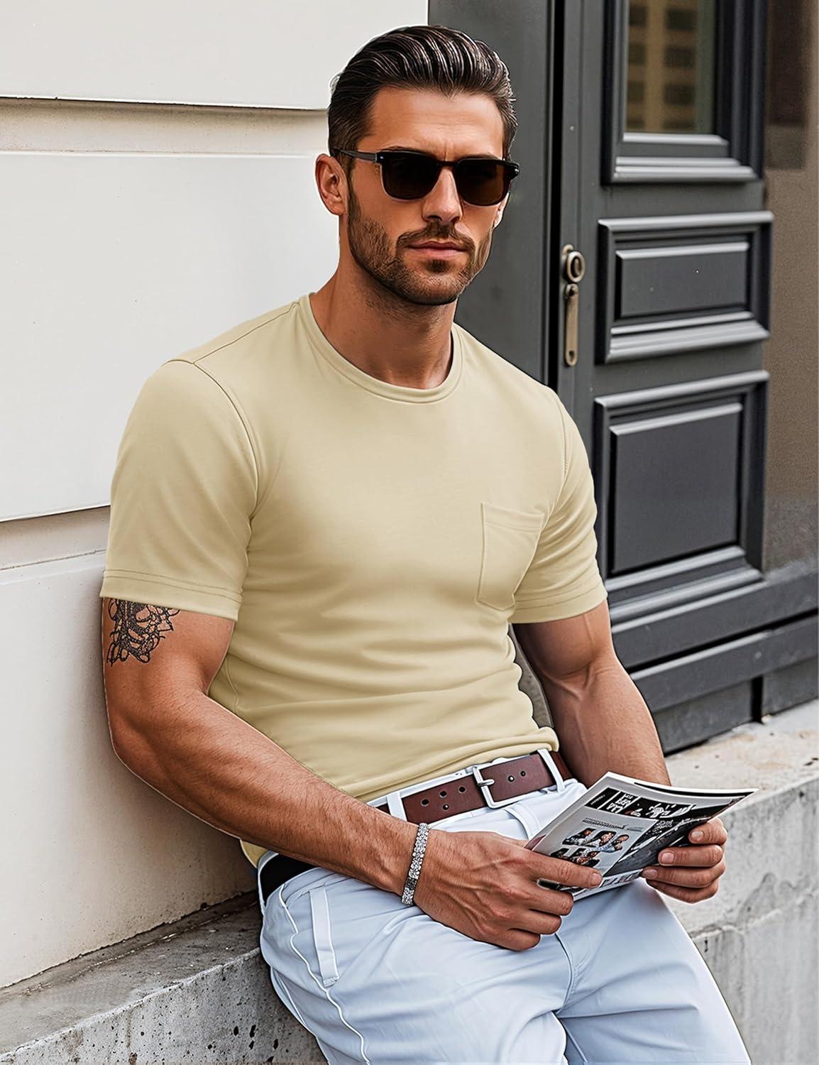 imageMAGCOMSEN Mens Pocket T Shirts Short Sleeve Cotton Moisture Wicking Plain Tshirts Casual Lightweight Summer Basic TeesApricotcotton