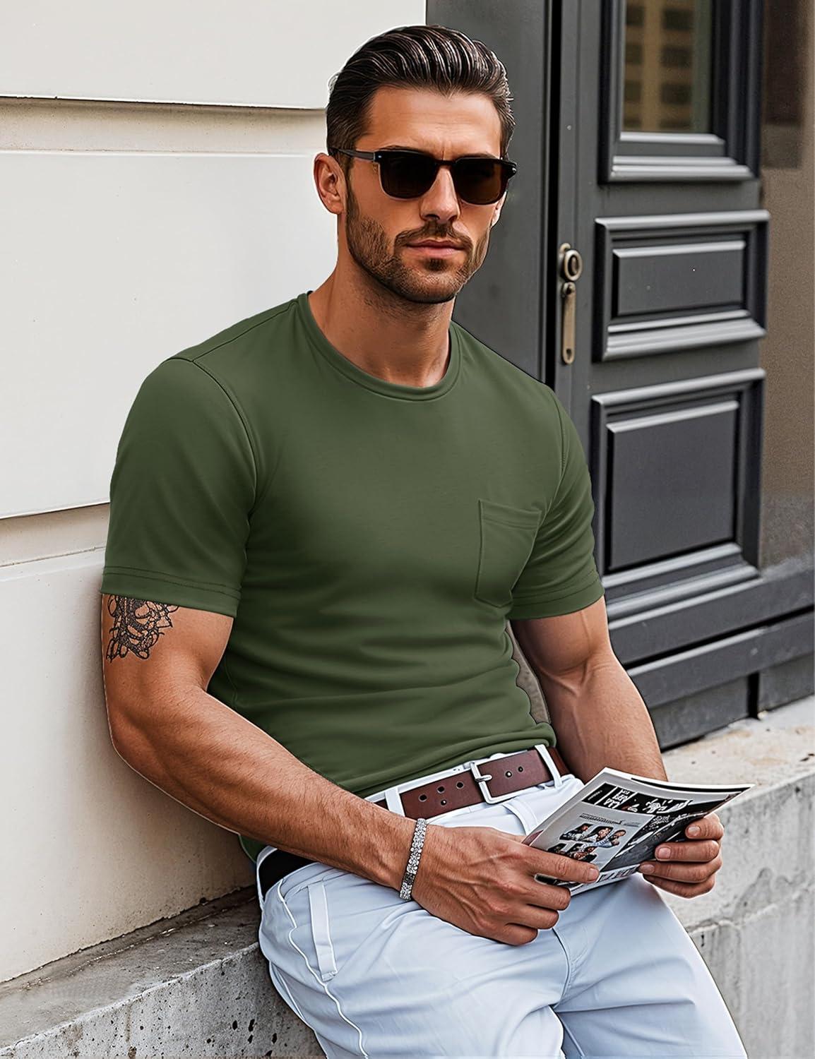imageMAGCOMSEN Mens Pocket T Shirts Short Sleeve Cotton Moisture Wicking Plain Tshirts Casual Lightweight Summer Basic TeesArmy Greencotton