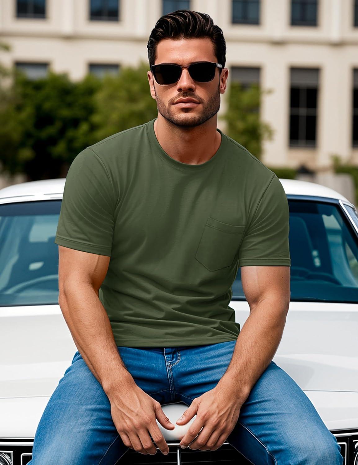 imageMAGCOMSEN Mens Pocket T Shirts Short Sleeve Cotton Moisture Wicking Plain Tshirts Casual Lightweight Summer Basic TeesArmy Greencotton