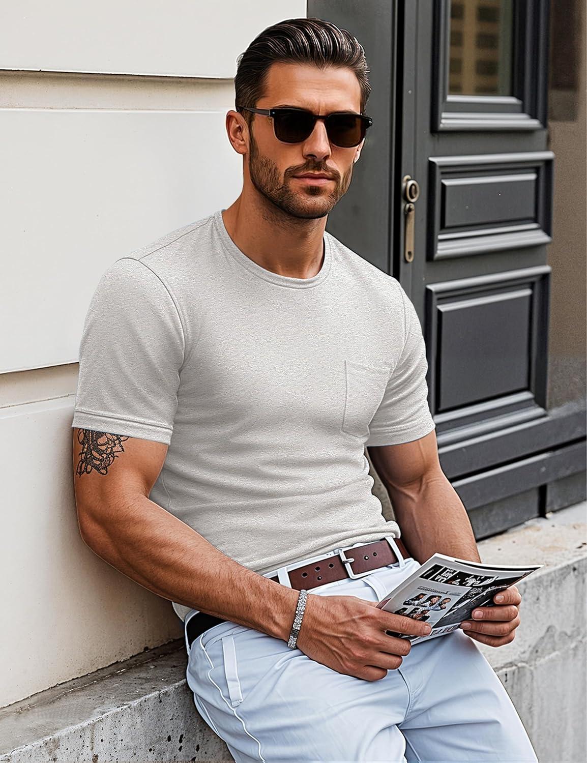 imageMAGCOMSEN Mens Pocket T Shirts Short Sleeve Cotton Moisture Wicking Plain Tshirts Casual Lightweight Summer Basic TeesBeigecotton Blend