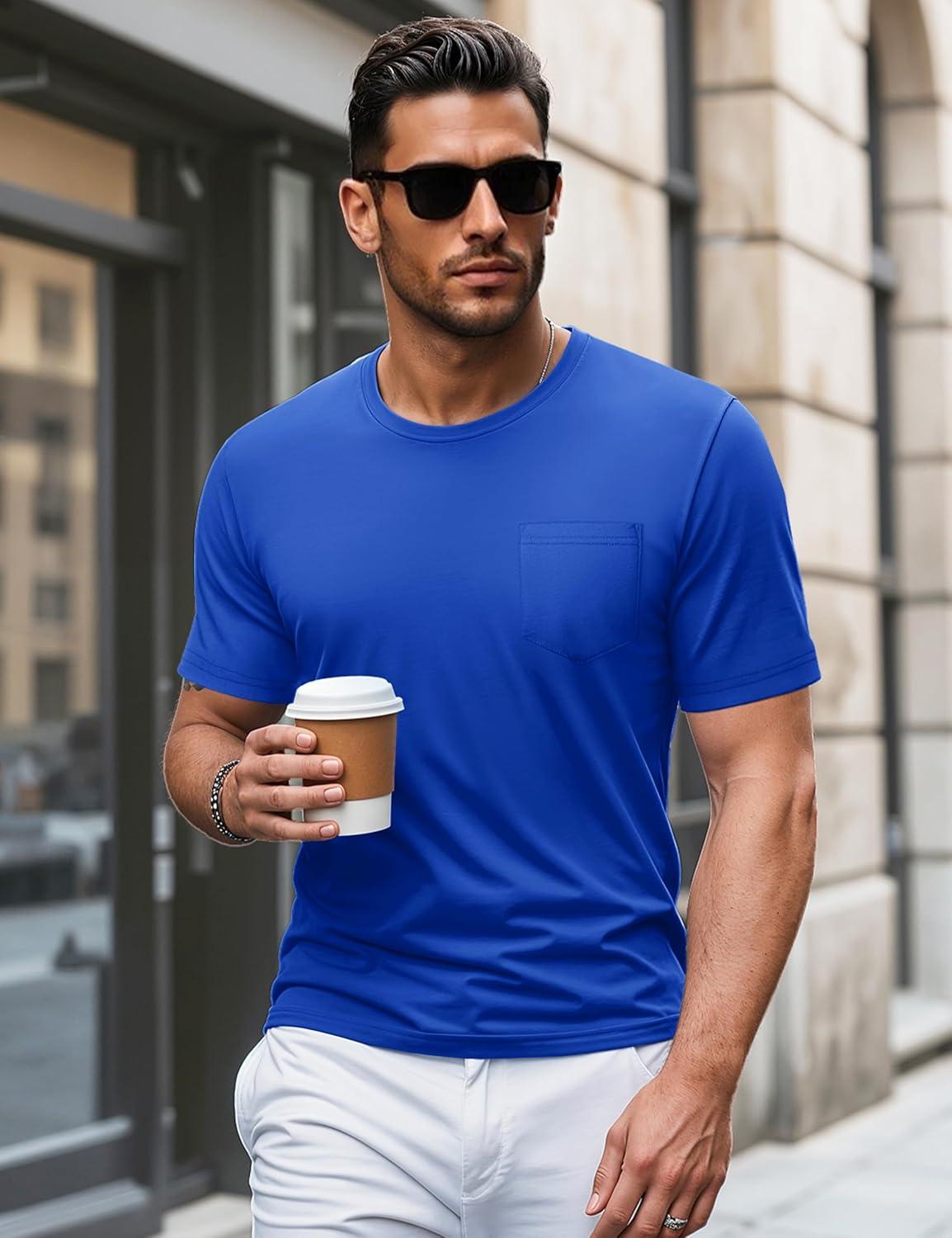 imageMAGCOMSEN Mens Pocket T Shirts Short Sleeve Cotton Moisture Wicking Plain Tshirts Casual Lightweight Summer Basic TeesBright Bluecotton