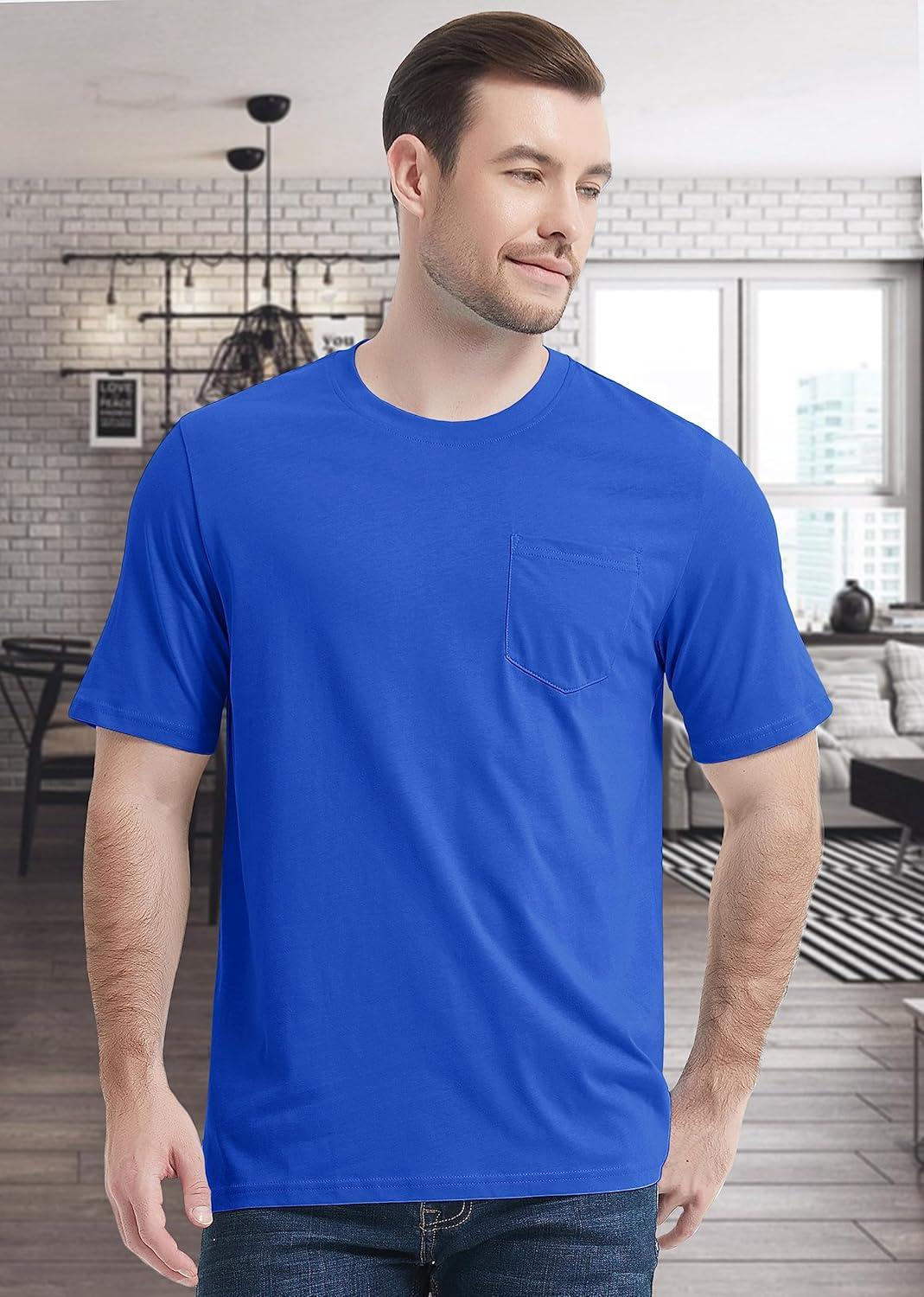imageMAGCOMSEN Mens Pocket T Shirts Short Sleeve Cotton Moisture Wicking Plain Tshirts Casual Lightweight Summer Basic TeesBright Bluecotton
