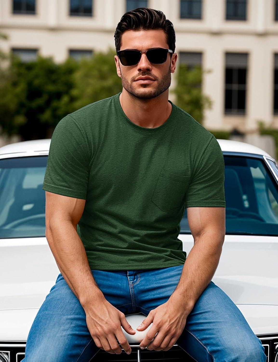 imageMAGCOMSEN Mens Pocket T Shirts Short Sleeve Cotton Moisture Wicking Plain Tshirts Casual Lightweight Summer Basic TeesDark Greencotton Blend