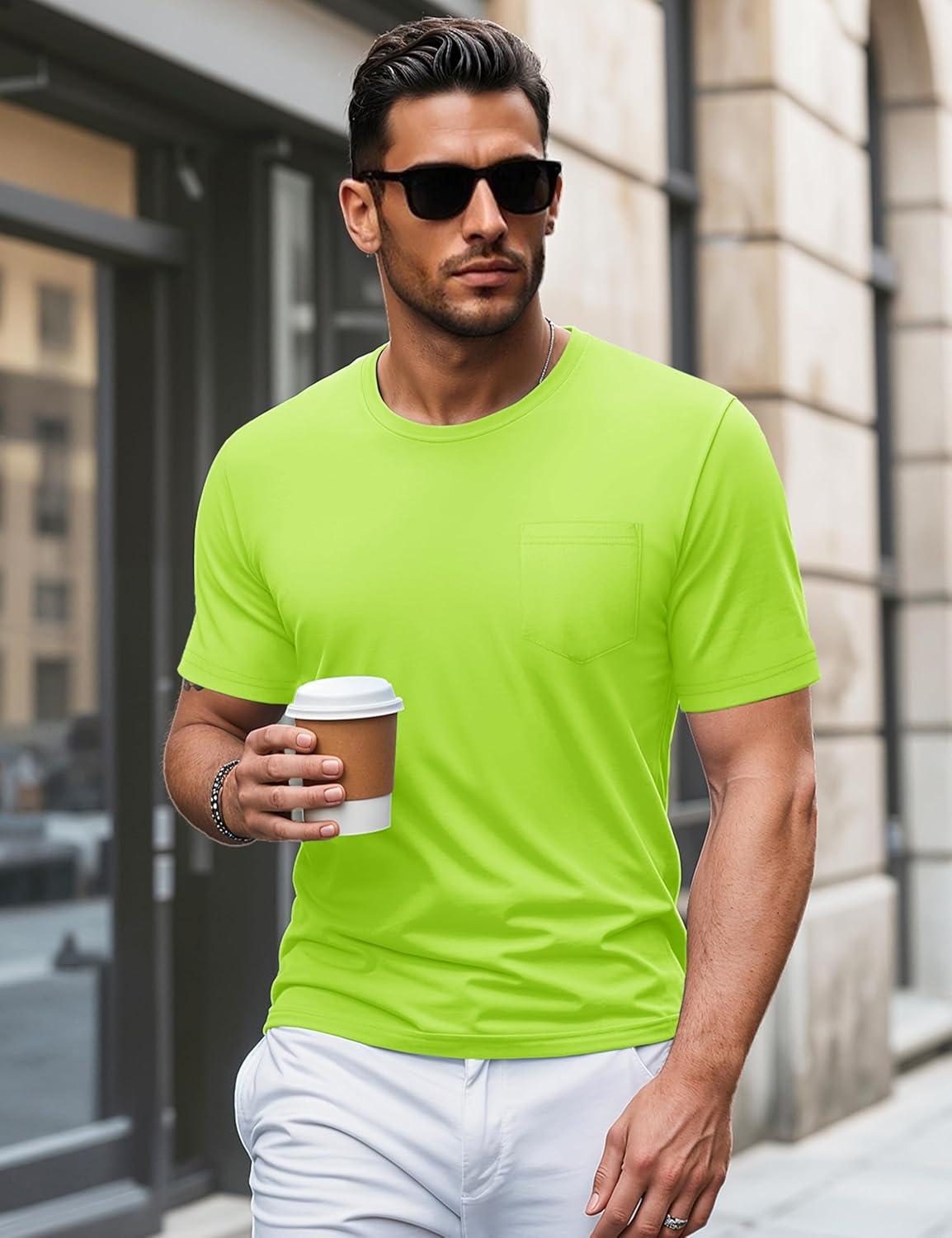 imageMAGCOMSEN Mens Pocket T Shirts Short Sleeve Cotton Moisture Wicking Plain Tshirts Casual Lightweight Summer Basic TeesFluorescent Greencotton