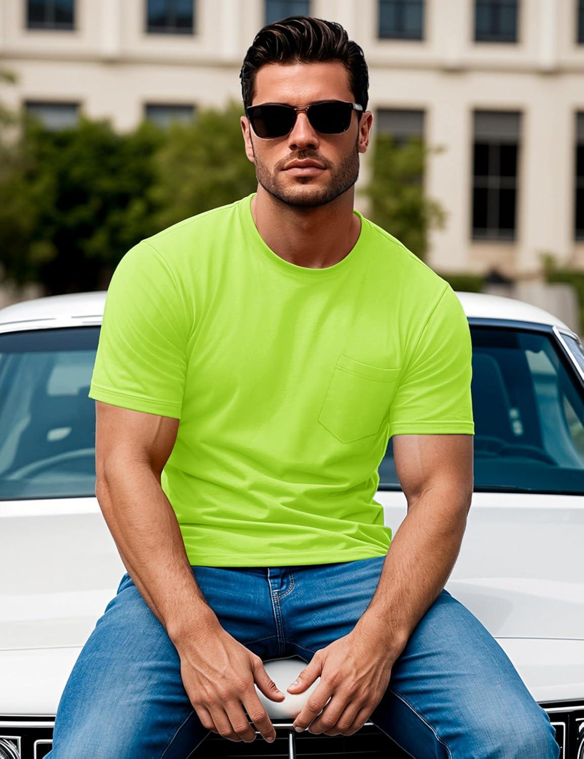 imageMAGCOMSEN Mens Pocket T Shirts Short Sleeve Cotton Moisture Wicking Plain Tshirts Casual Lightweight Summer Basic TeesFluorescent Greencotton