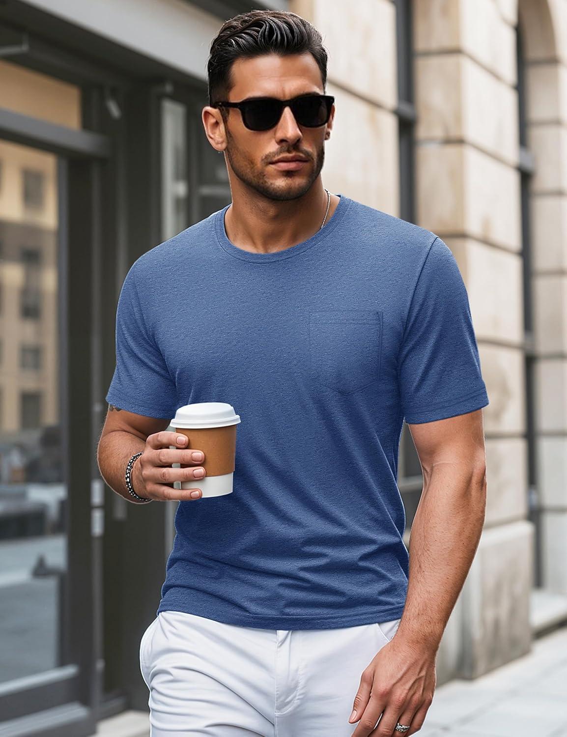 imageMAGCOMSEN Mens Pocket T Shirts Short Sleeve Cotton Moisture Wicking Plain Tshirts Casual Lightweight Summer Basic TeesGrey Bluecotton Blend
