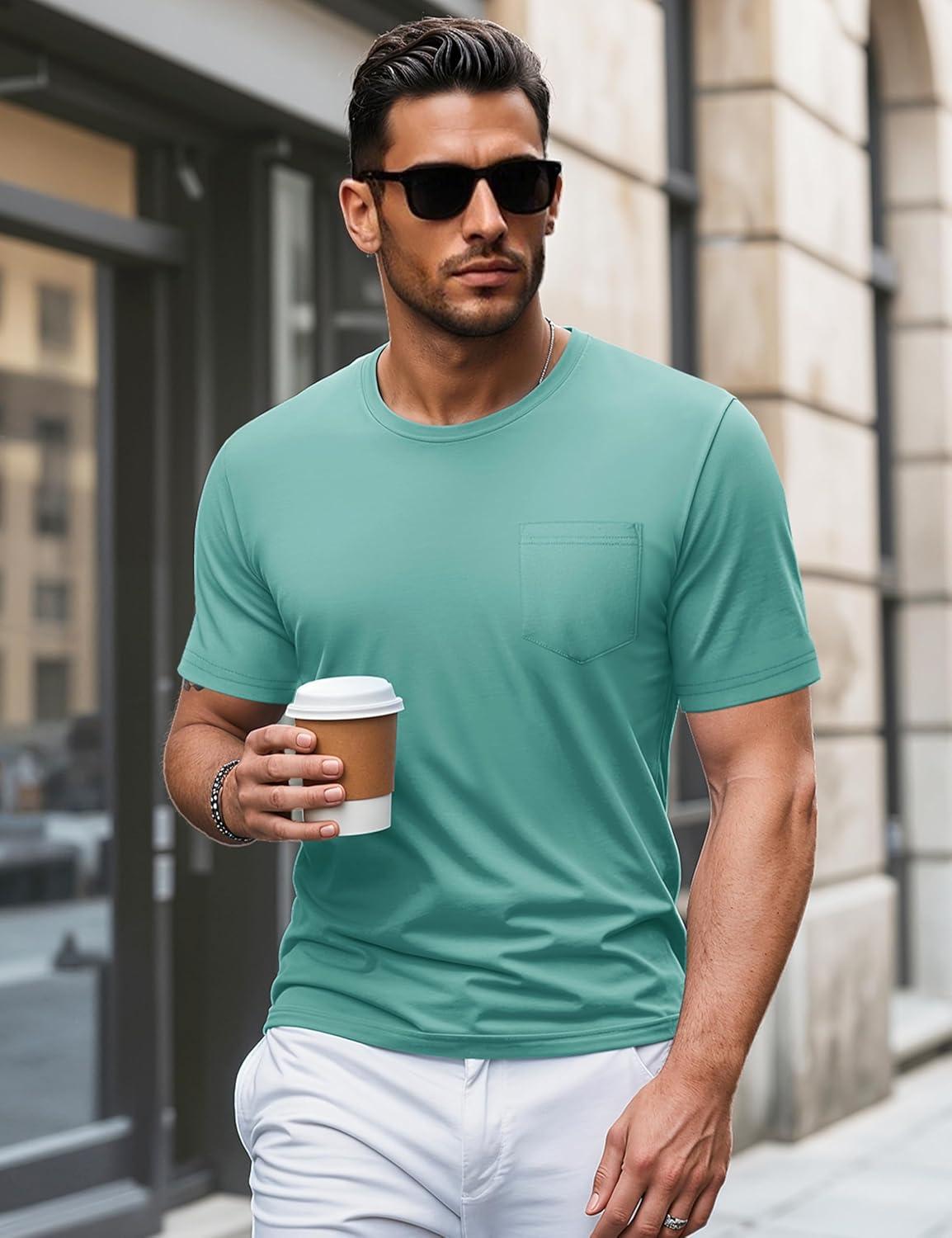 imageMAGCOMSEN Mens Pocket T Shirts Short Sleeve Cotton Moisture Wicking Plain Tshirts Casual Lightweight Summer Basic TeesGrey Greencotton