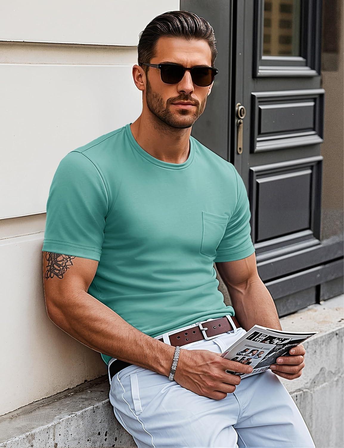 imageMAGCOMSEN Mens Pocket T Shirts Short Sleeve Cotton Moisture Wicking Plain Tshirts Casual Lightweight Summer Basic TeesGrey Greencotton