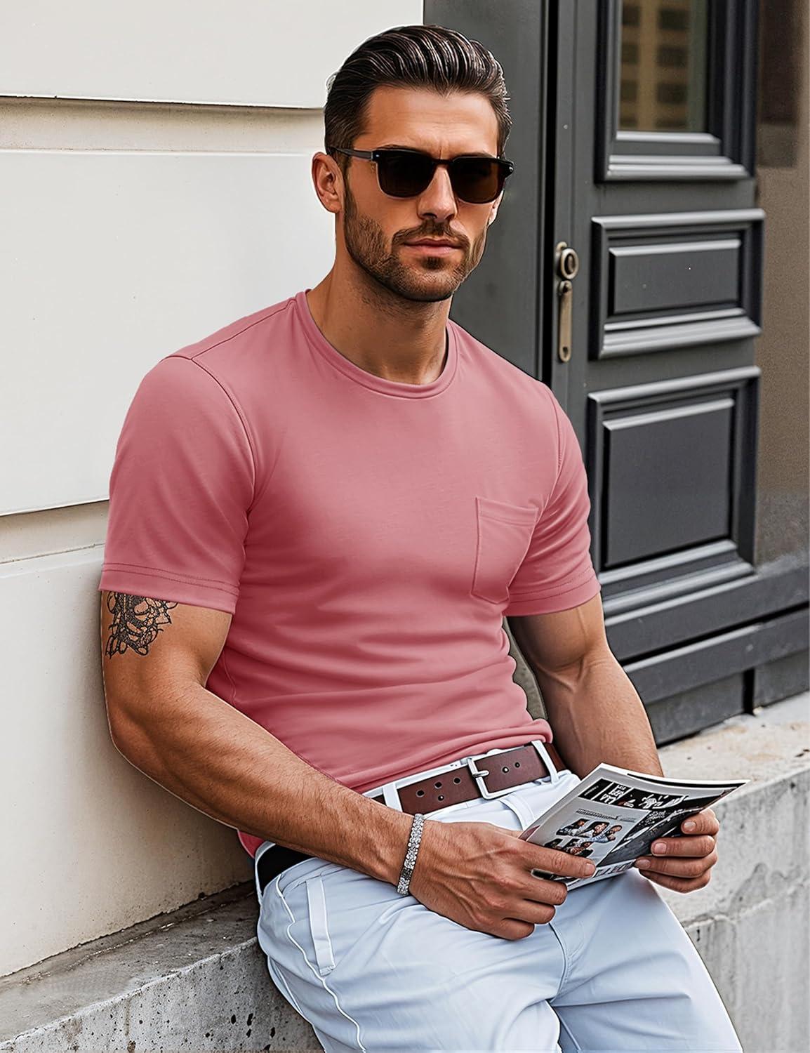 imageMAGCOMSEN Mens Pocket T Shirts Short Sleeve Cotton Moisture Wicking Plain Tshirts Casual Lightweight Summer Basic TeesGrey Pinkcotton