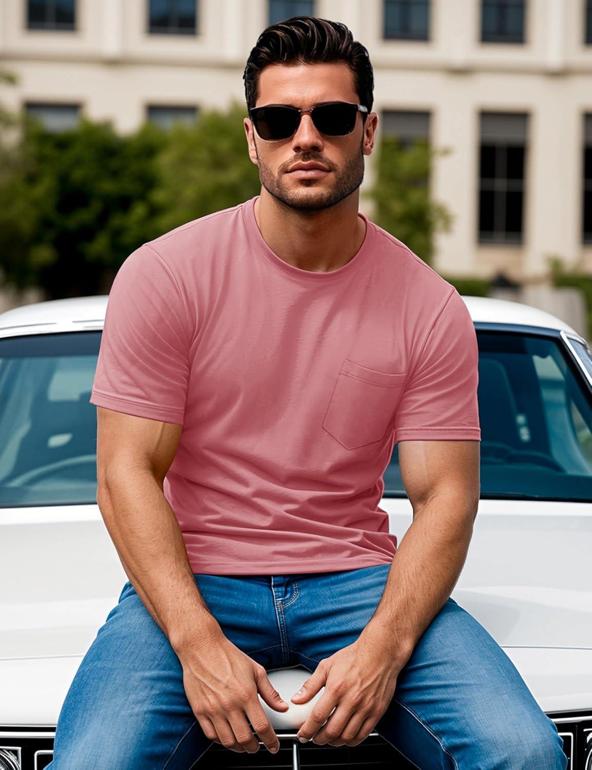 imageMAGCOMSEN Mens Pocket T Shirts Short Sleeve Cotton Moisture Wicking Plain Tshirts Casual Lightweight Summer Basic TeesGrey Pinkcotton