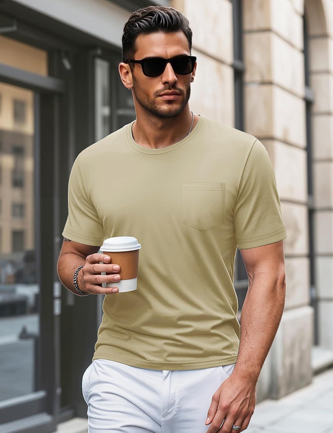 imageMAGCOMSEN Mens Pocket T Shirts Short Sleeve Cotton Moisture Wicking Plain Tshirts Casual Lightweight Summer Basic TeesKhakicotton