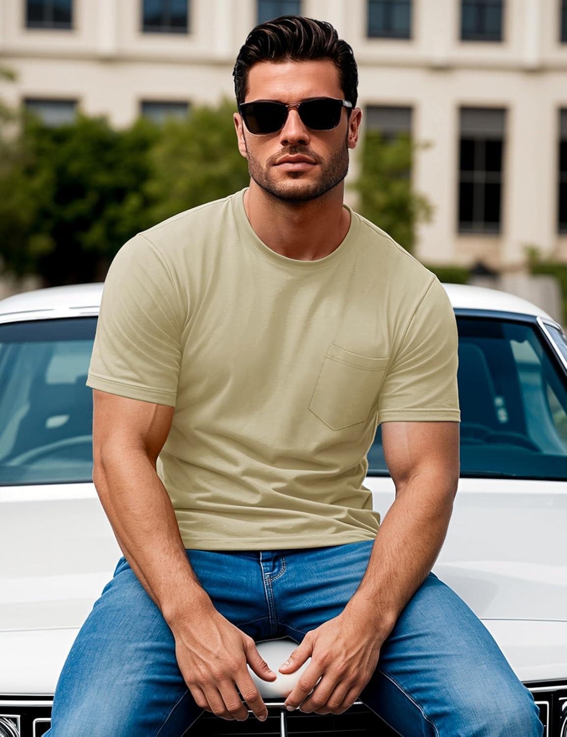 imageMAGCOMSEN Mens Pocket T Shirts Short Sleeve Cotton Moisture Wicking Plain Tshirts Casual Lightweight Summer Basic TeesKhakicotton