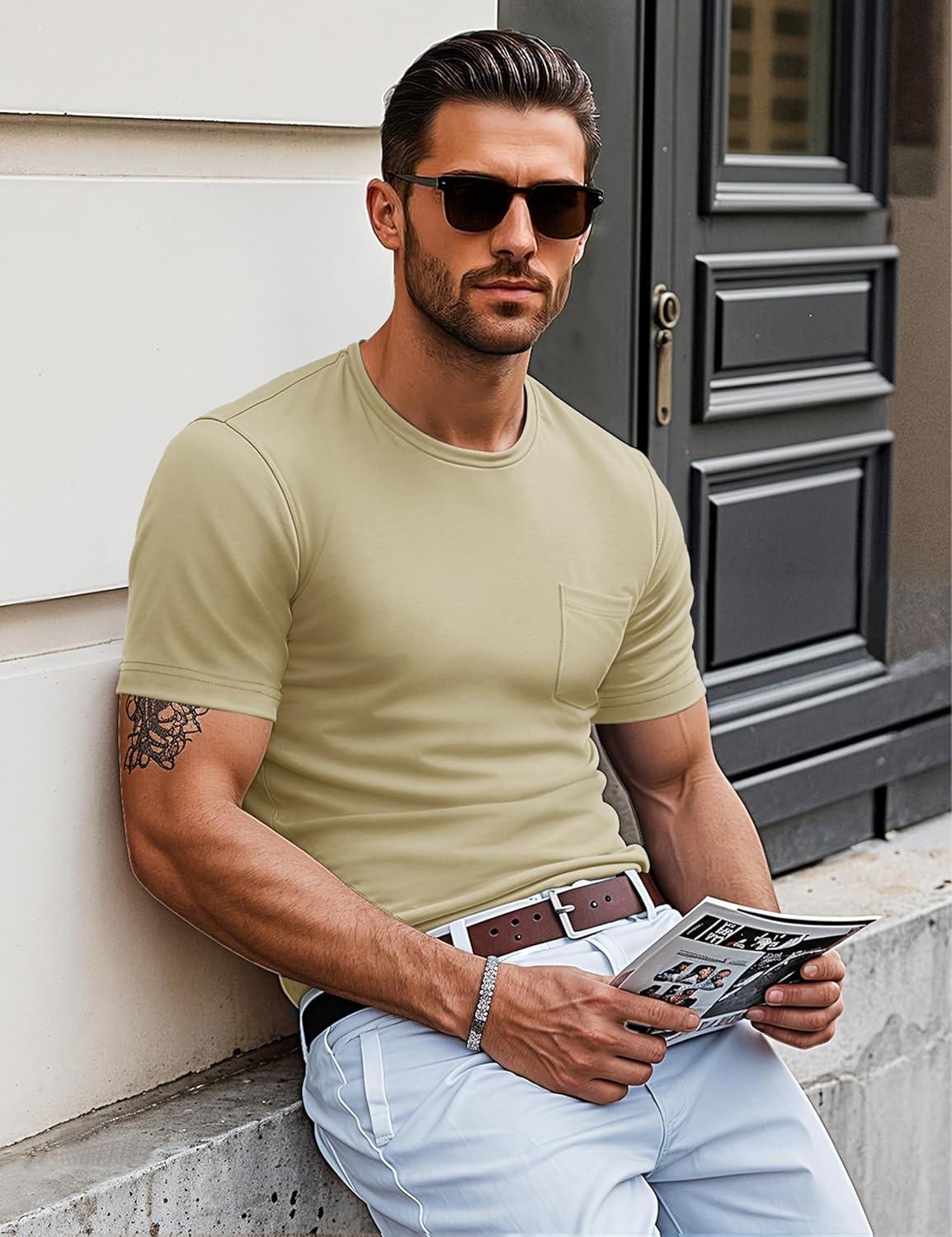 imageMAGCOMSEN Mens Pocket T Shirts Short Sleeve Cotton Moisture Wicking Plain Tshirts Casual Lightweight Summer Basic TeesKhakicotton