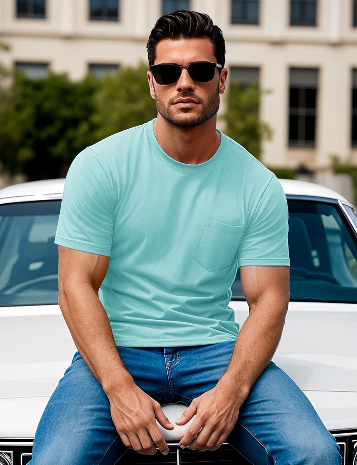 imageMAGCOMSEN Mens Pocket T Shirts Short Sleeve Cotton Moisture Wicking Plain Tshirts Casual Lightweight Summer Basic TeesLake Bluecotton