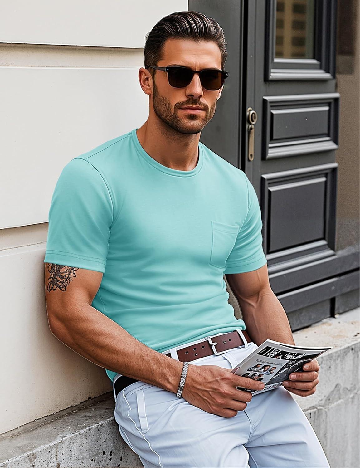 imageMAGCOMSEN Mens Pocket T Shirts Short Sleeve Cotton Moisture Wicking Plain Tshirts Casual Lightweight Summer Basic TeesLake Bluecotton