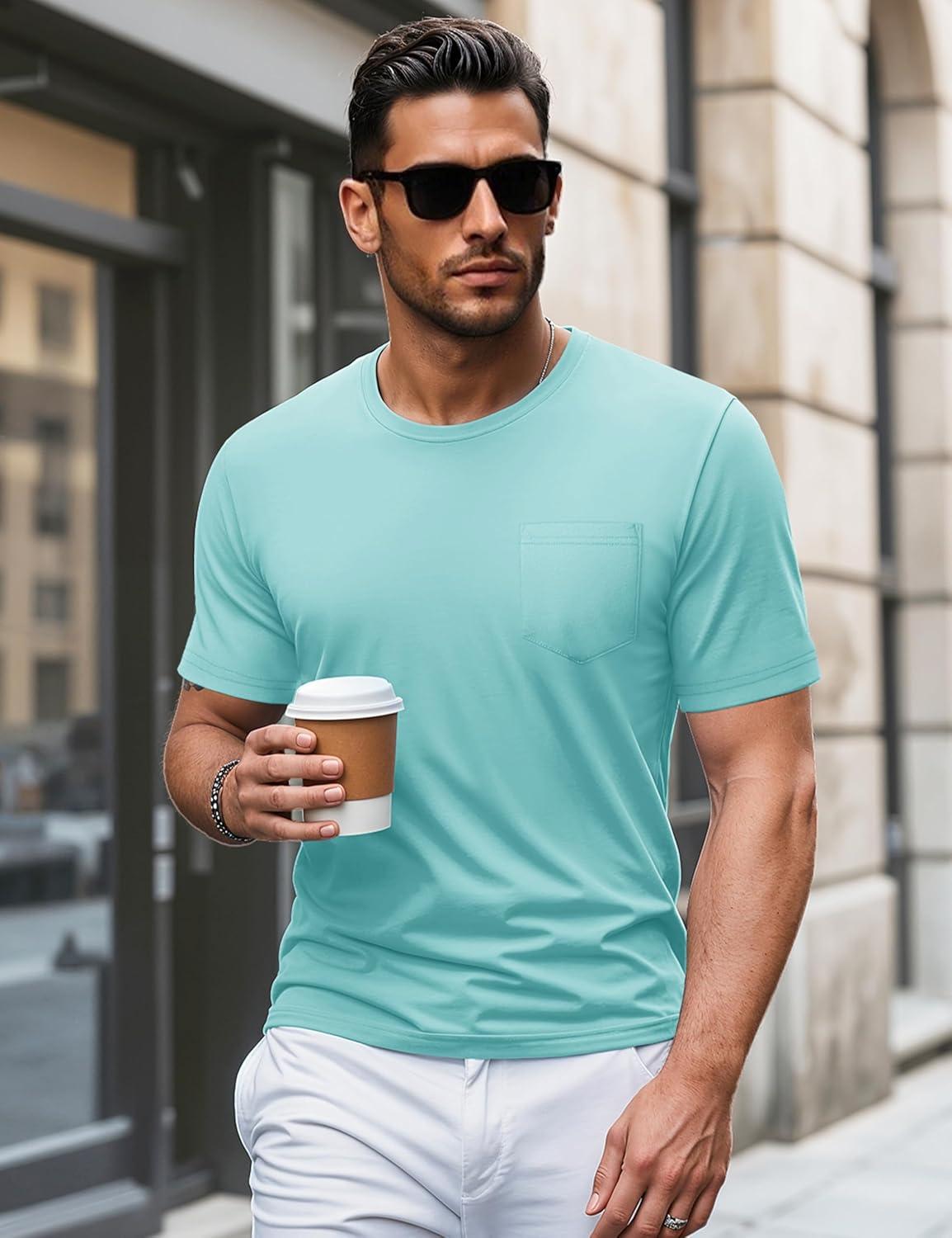 imageMAGCOMSEN Mens Pocket T Shirts Short Sleeve Cotton Moisture Wicking Plain Tshirts Casual Lightweight Summer Basic TeesLake Bluecotton