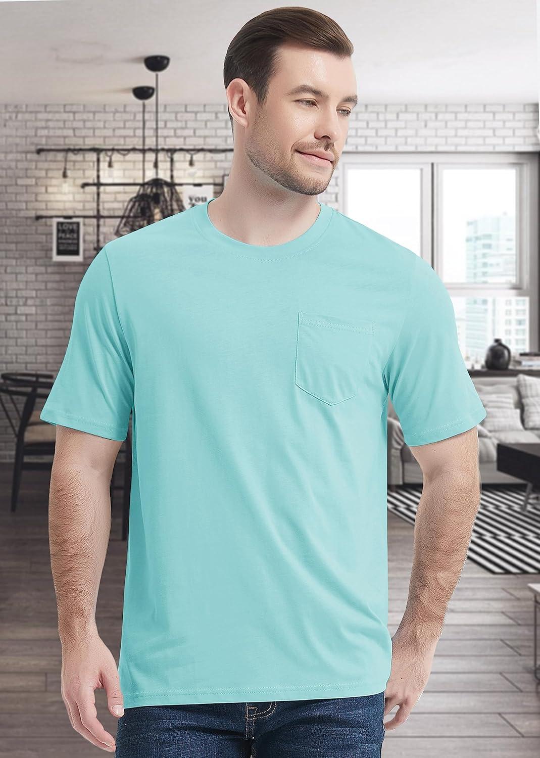imageMAGCOMSEN Mens Pocket T Shirts Short Sleeve Cotton Moisture Wicking Plain Tshirts Casual Lightweight Summer Basic TeesLake Bluecotton