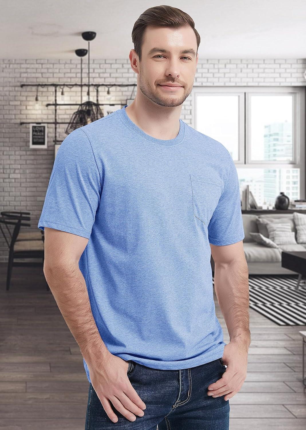 imageMAGCOMSEN Mens Pocket T Shirts Short Sleeve Cotton Moisture Wicking Plain Tshirts Casual Lightweight Summer Basic TeesLight Bluecotton Blend