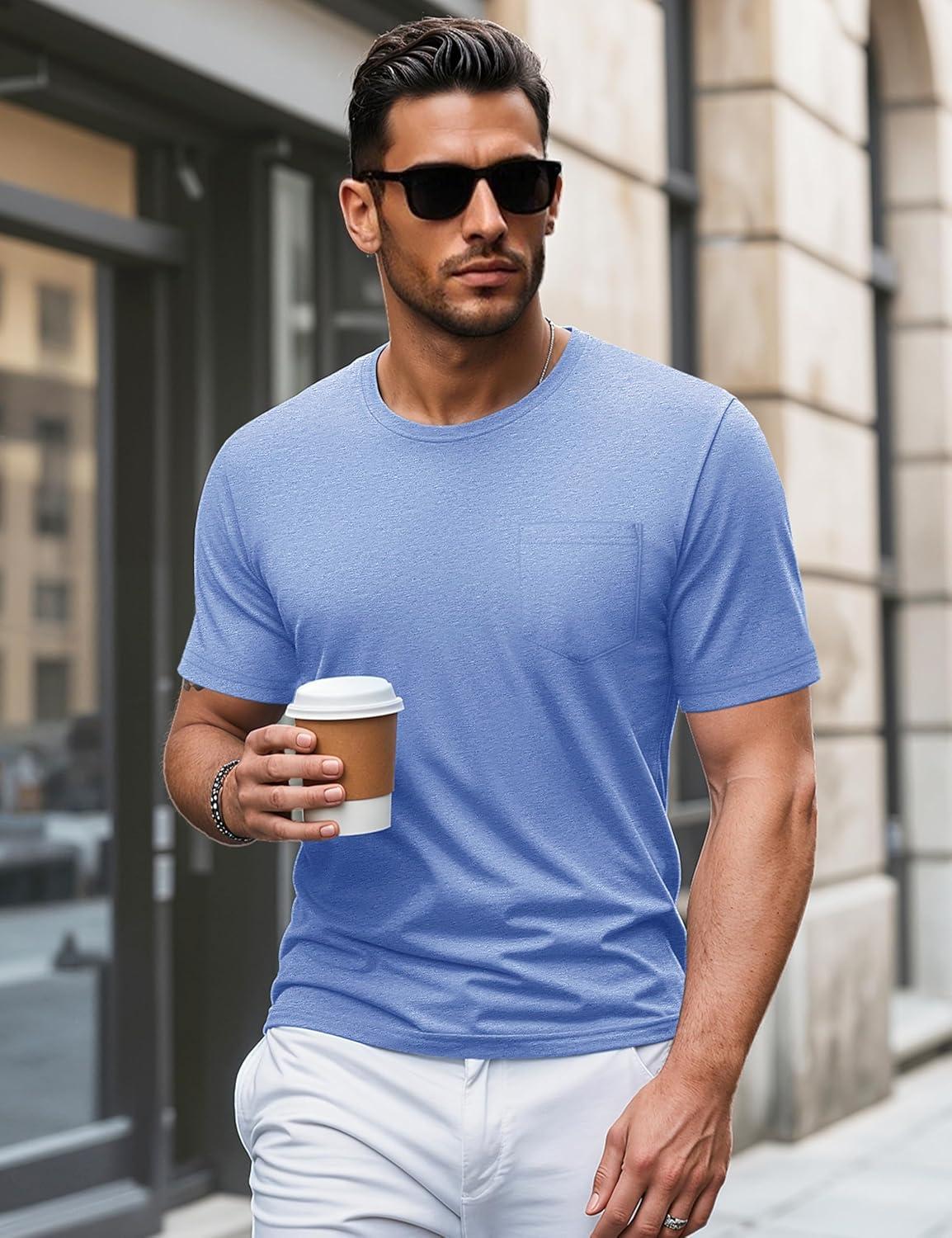 imageMAGCOMSEN Mens Pocket T Shirts Short Sleeve Cotton Moisture Wicking Plain Tshirts Casual Lightweight Summer Basic TeesLight Bluecotton Blend