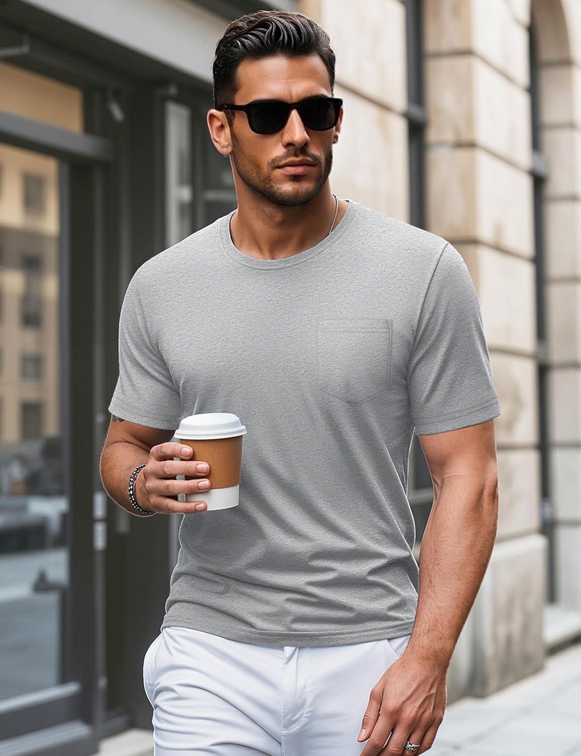 imageMAGCOMSEN Mens Pocket T Shirts Short Sleeve Cotton Moisture Wicking Plain Tshirts Casual Lightweight Summer Basic TeesLight Greycotton Blend
