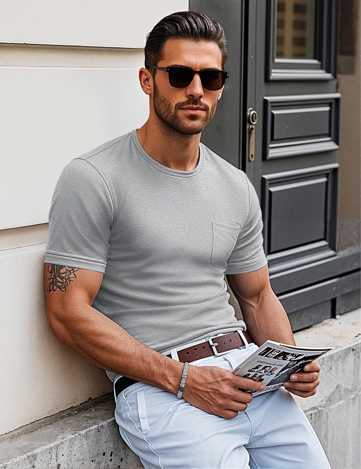 imageMAGCOMSEN Mens Pocket T Shirts Short Sleeve Cotton Moisture Wicking Plain Tshirts Casual Lightweight Summer Basic TeesLight Greycotton Blend