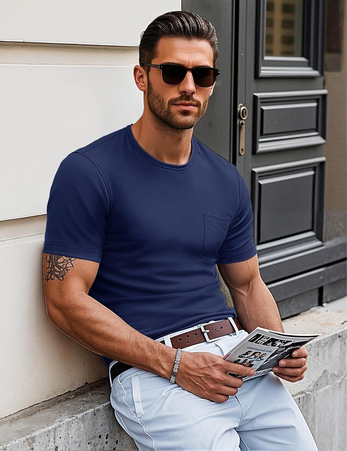 imageMAGCOMSEN Mens Pocket T Shirts Short Sleeve Cotton Moisture Wicking Plain Tshirts Casual Lightweight Summer Basic TeesNavycotton