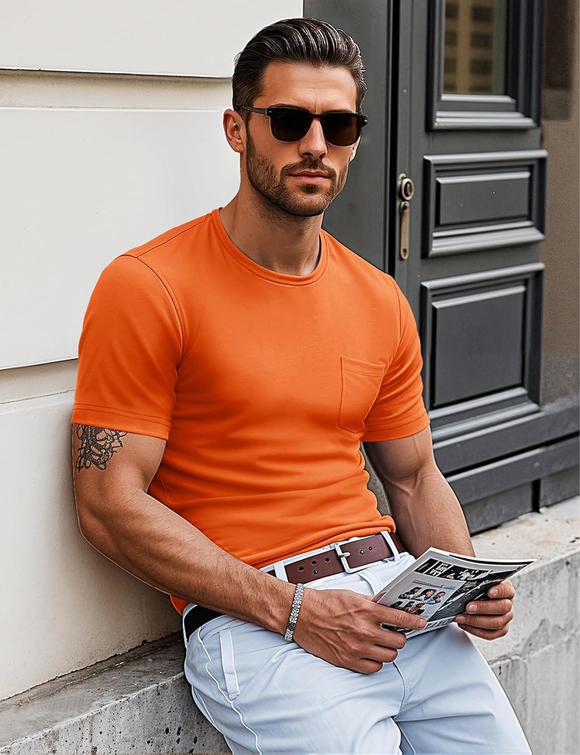 imageMAGCOMSEN Mens Pocket T Shirts Short Sleeve Cotton Moisture Wicking Plain Tshirts Casual Lightweight Summer Basic TeesOrangecotton