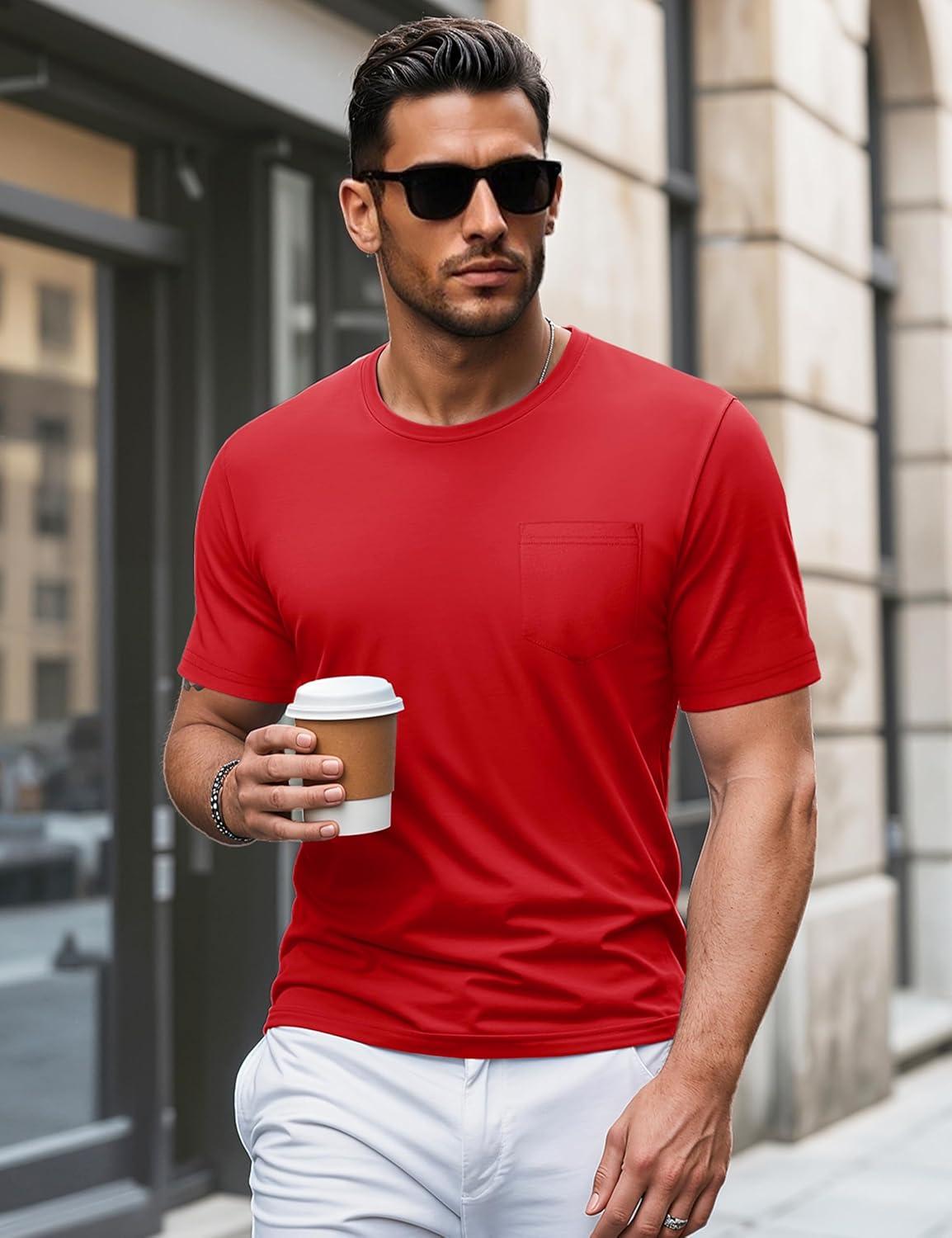 imageMAGCOMSEN Mens Pocket T Shirts Short Sleeve Cotton Moisture Wicking Plain Tshirts Casual Lightweight Summer Basic TeesRedcotton