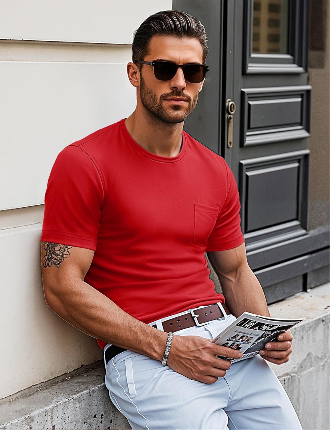 imageMAGCOMSEN Mens Pocket T Shirts Short Sleeve Cotton Moisture Wicking Plain Tshirts Casual Lightweight Summer Basic TeesRedcotton