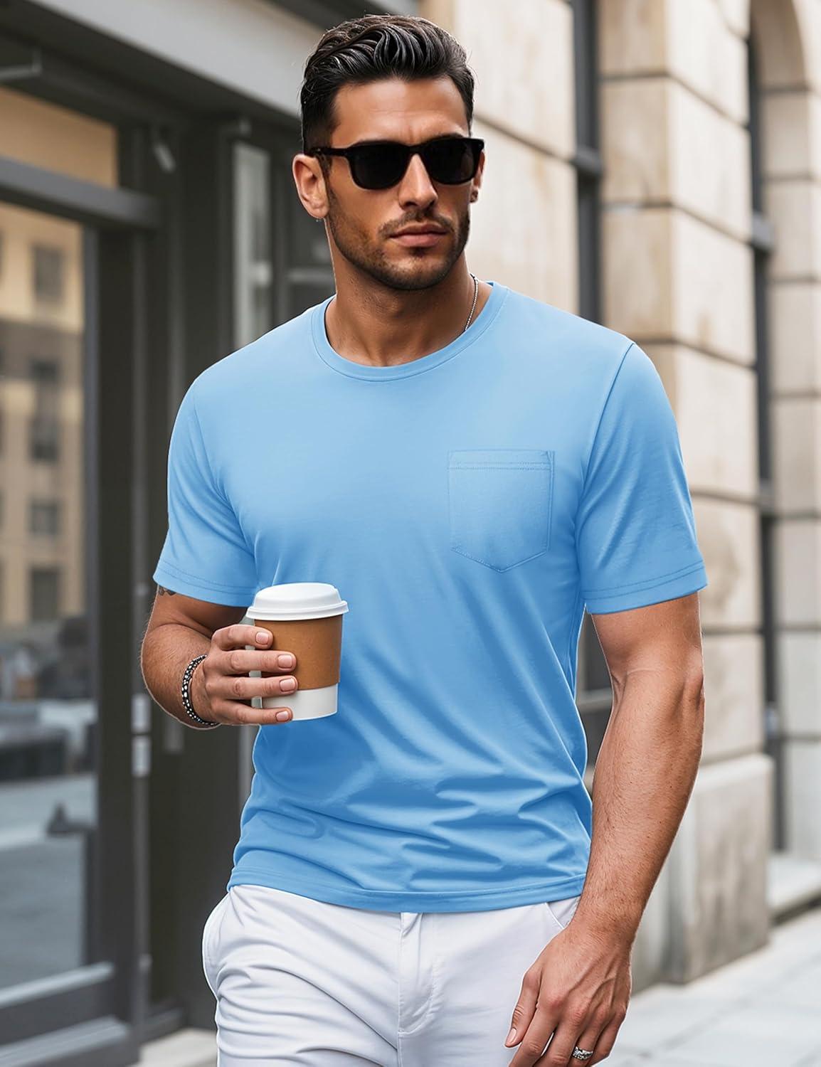 imageMAGCOMSEN Mens Pocket T Shirts Short Sleeve Cotton Moisture Wicking Plain Tshirts Casual Lightweight Summer Basic TeesWater Bluecotton