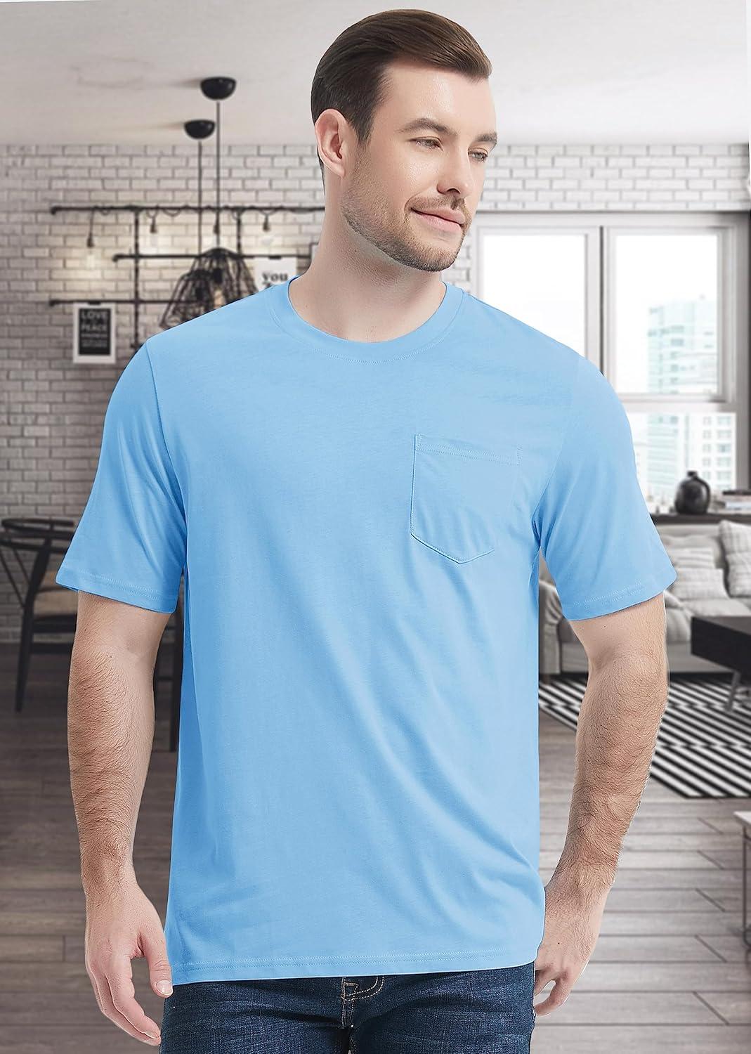 imageMAGCOMSEN Mens Pocket T Shirts Short Sleeve Cotton Moisture Wicking Plain Tshirts Casual Lightweight Summer Basic TeesWater Bluecotton