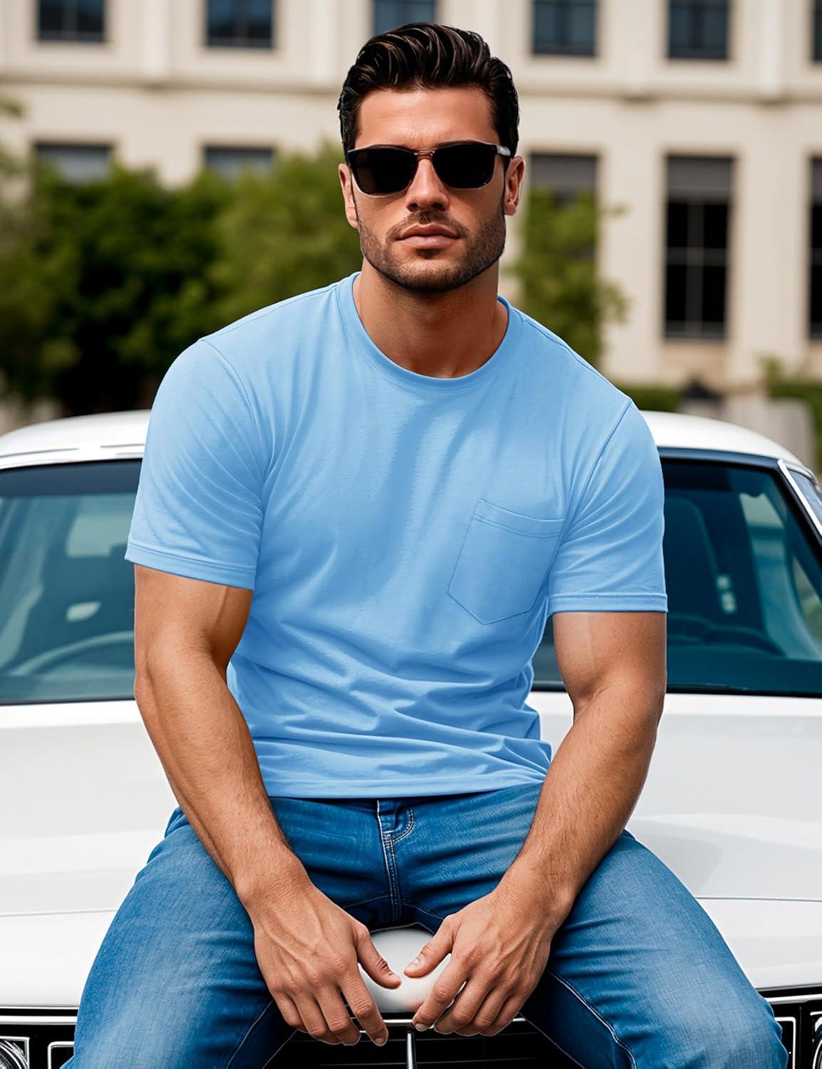 imageMAGCOMSEN Mens Pocket T Shirts Short Sleeve Cotton Moisture Wicking Plain Tshirts Casual Lightweight Summer Basic TeesWater Bluecotton