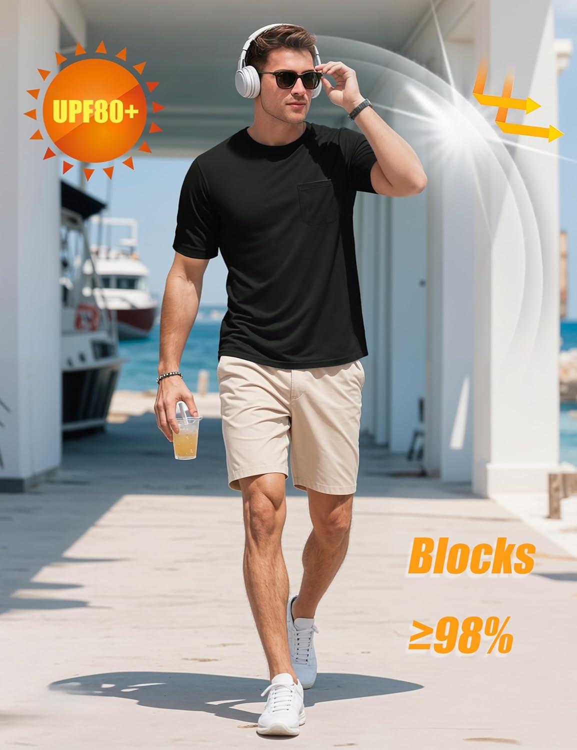 imageMAGCOMSEN Mens Pocket Tee Shirts UPF 80 Sun Protection Shirts Lightweight Moisture Wicking Crewneck Casual Summer TeesBlack