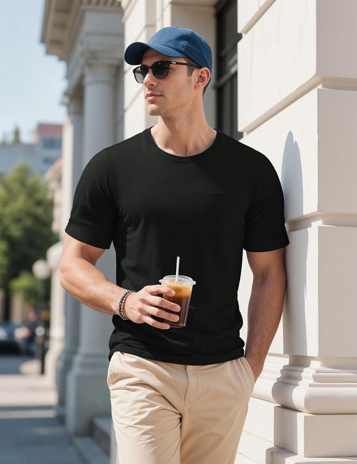 imageMAGCOMSEN Mens Pocket Tee Shirts UPF 80 Sun Protection Shirts Lightweight Moisture Wicking Crewneck Casual Summer TeesBlack