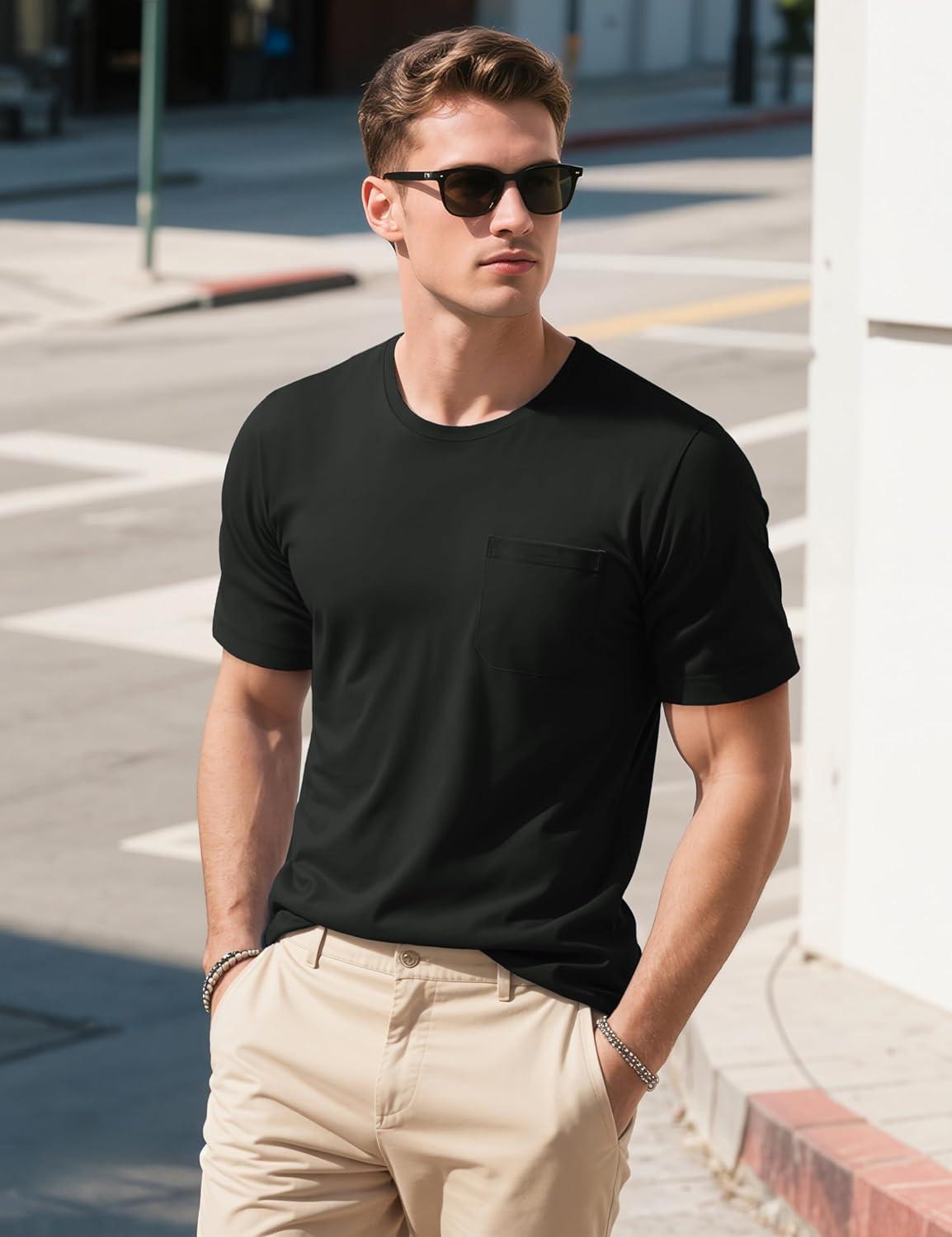 imageMAGCOMSEN Mens Pocket Tee Shirts UPF 80 Sun Protection Shirts Lightweight Moisture Wicking Crewneck Casual Summer TeesBlack