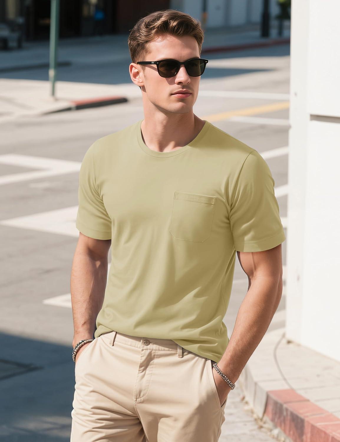 imageMAGCOMSEN Mens Pocket Tee Shirts UPF 80 Sun Protection Shirts Lightweight Moisture Wicking Crewneck Casual Summer TeesKhaki