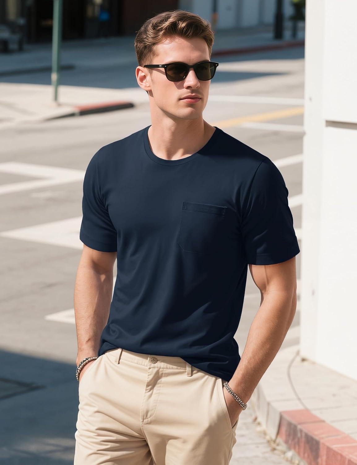 imageMAGCOMSEN Mens Pocket Tee Shirts UPF 80 Sun Protection Shirts Lightweight Moisture Wicking Crewneck Casual Summer TeesNavy